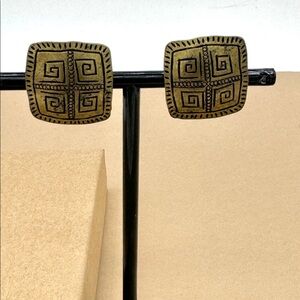 Vintage clip on earrings oxide gold squares tribal